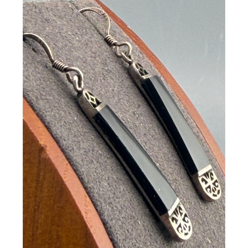 Vintage Sterling Silver Earrings Black Glass Drop Art Deco Style 925 1.25" - Picture 2 of 7